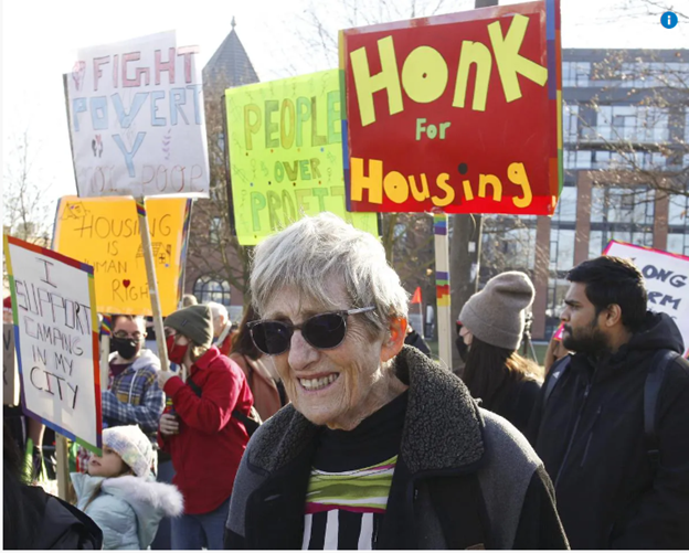 Sheila Nabigon-Howlett at protest by Peterborough Action for Tiny Homes