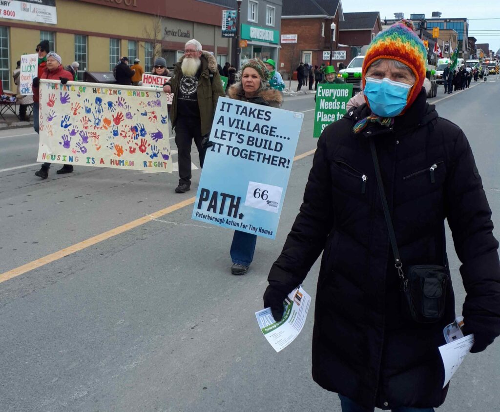 Peterborough Action for Tiny Homes participates in the St. Patrick's Day Parade 2023.